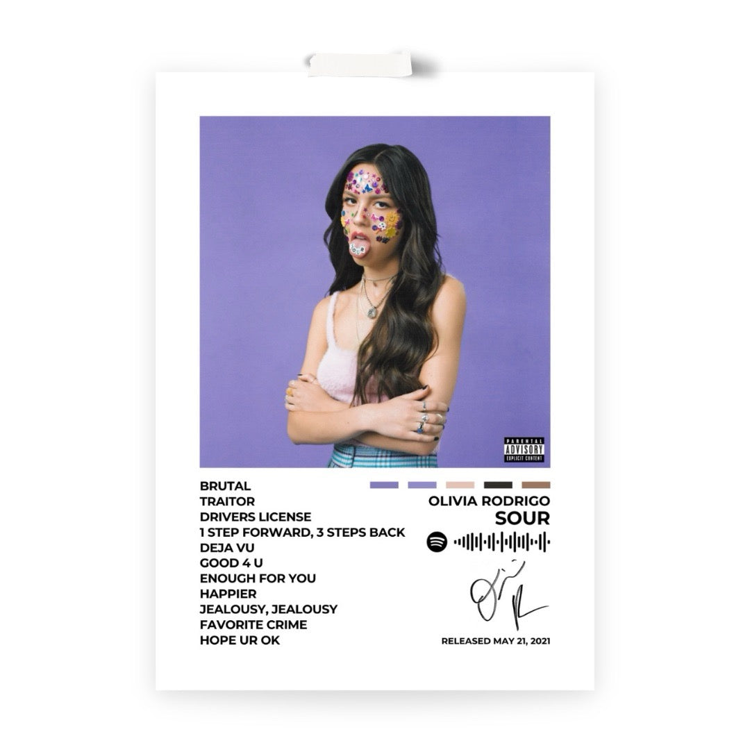 Immerse yourself in the emotional depth of Sour with this striking album cover poster. A bold tribute to Olivia Rodrigo’s breakout record, capturing the essence of heartbreak, angst, and self-discovery.