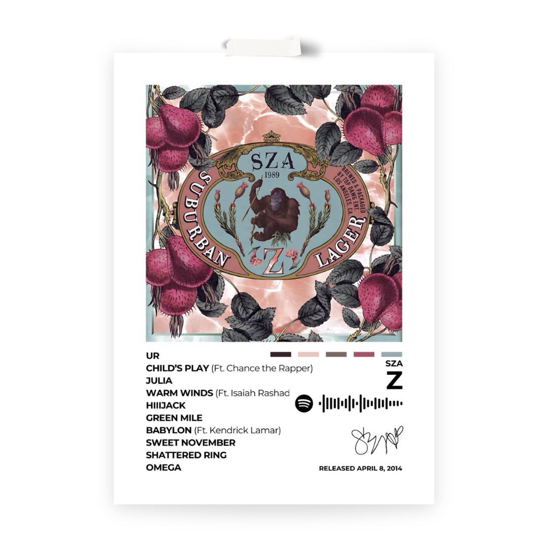 Immerse yourself in the dreamy, genre-blending world of Z with this captivating album cover poster. A tribute to SZA’s unique sound, ethereal vocals, and introspective storytelling.