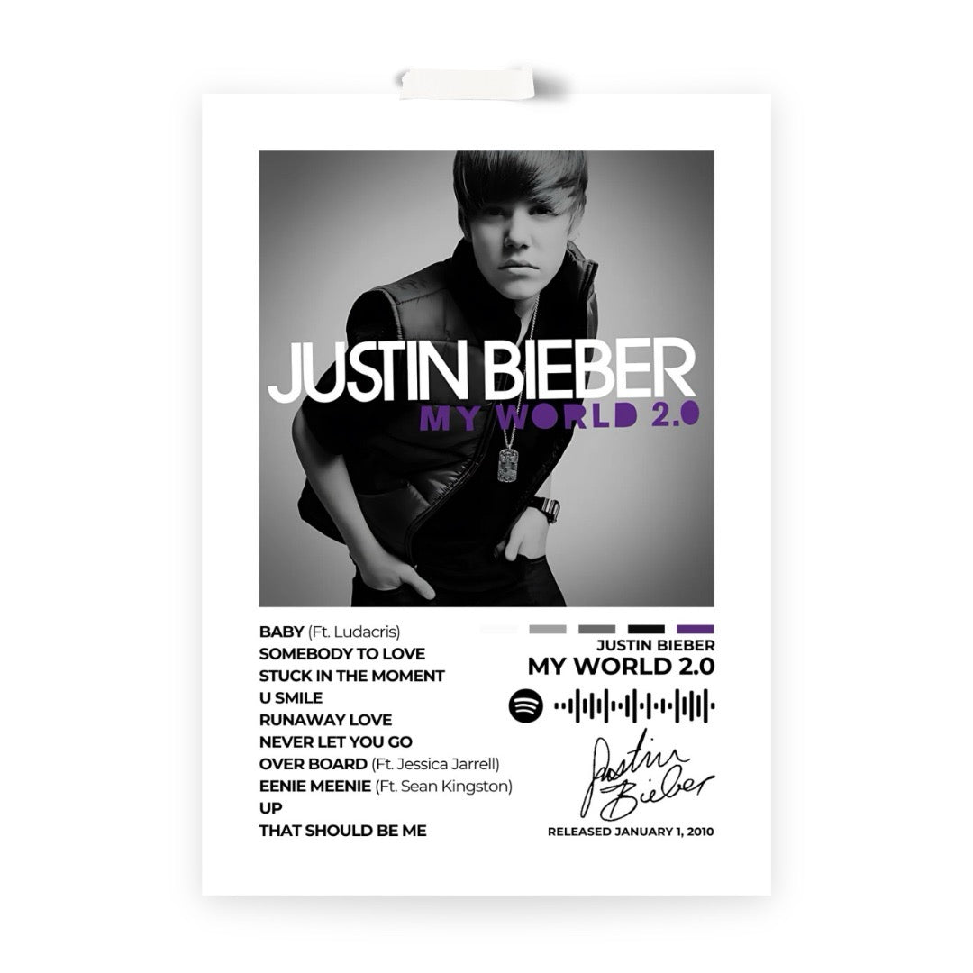 Relive the era of My World 2.0 with this nostalgic album cover poster. A tribute to Justin Bieber’s breakout hits, youthful energy, and signature sound.