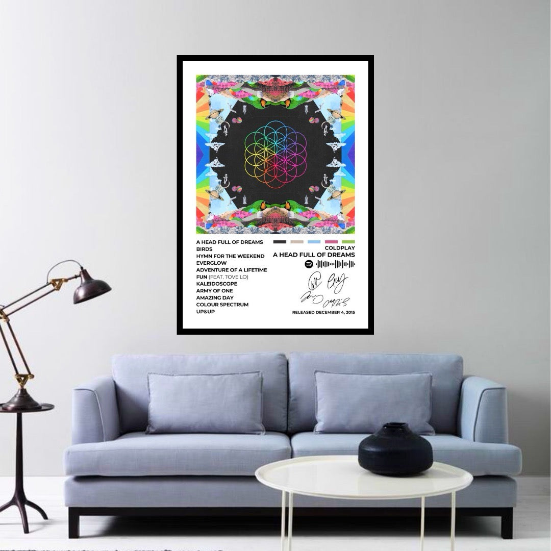 Bring the vibrant energy of A Head Full of Dreams to your space with this stunning album cover poster. A celebration of Coldplay’s uplifting sound and kaleidoscopic visuals, perfect for any fan.