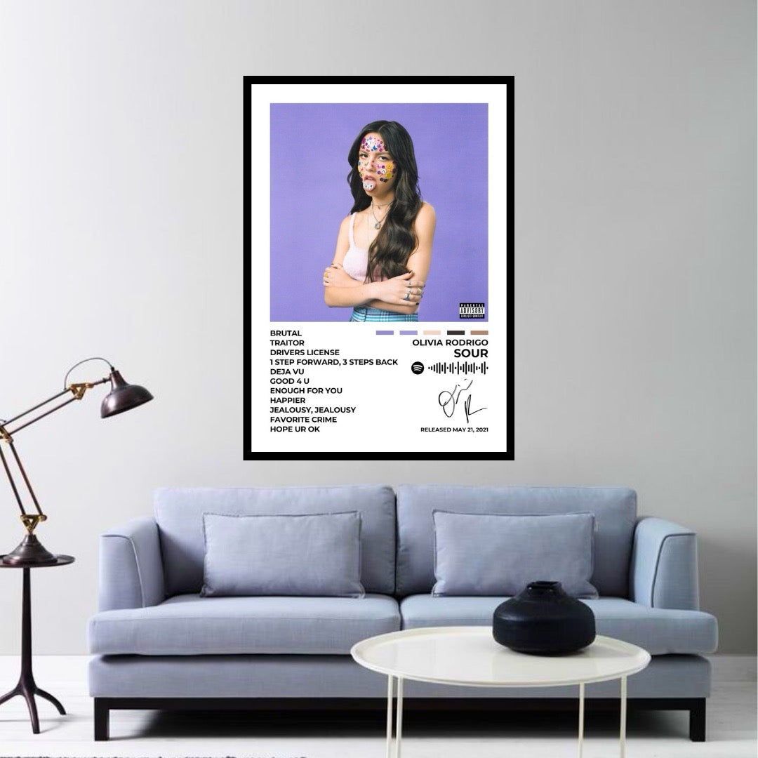 Immerse yourself in the emotional depth of Sour with this striking album cover poster. A bold tribute to Olivia Rodrigo’s breakout record, capturing the essence of heartbreak, angst, and self-discovery.
