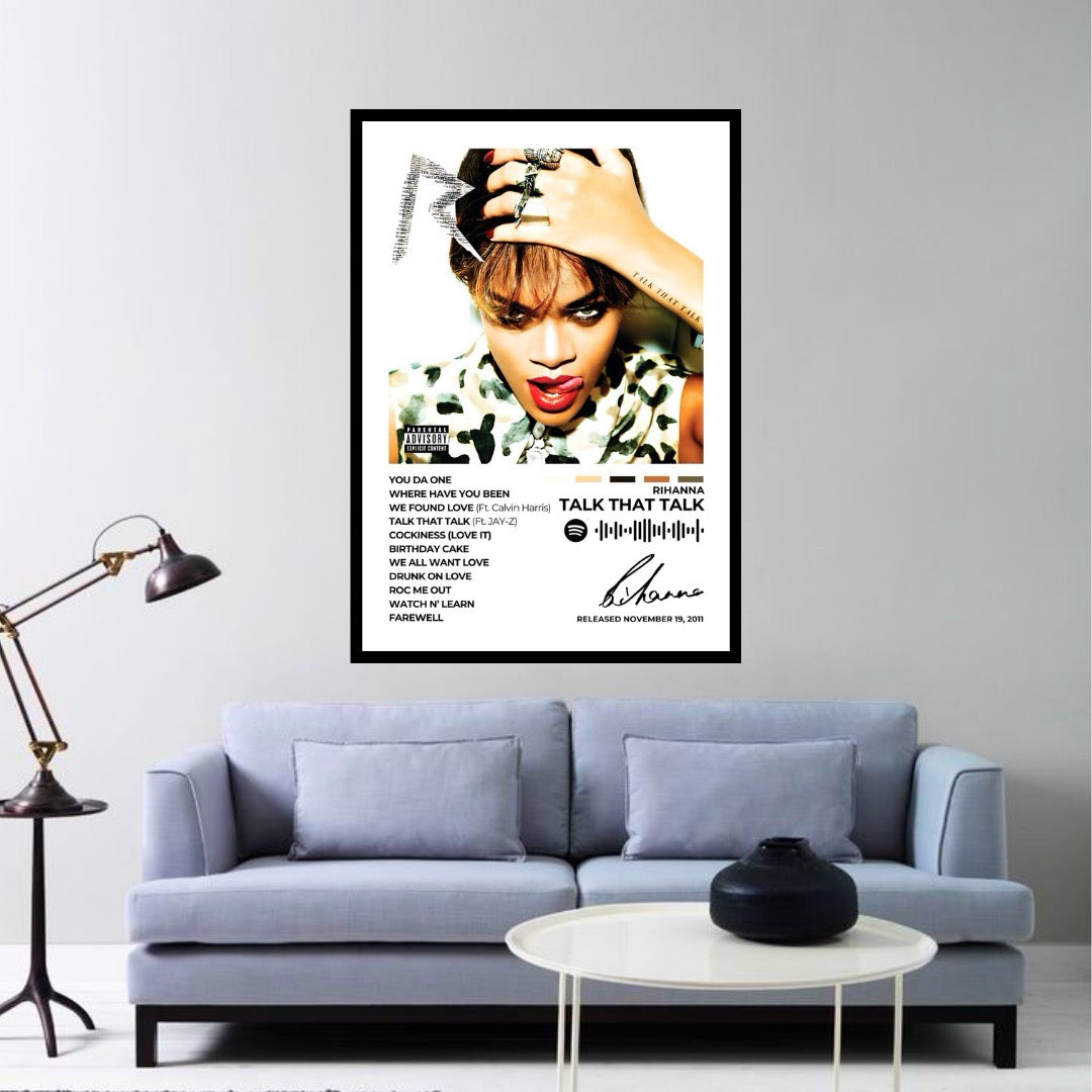 Capture the bold attitude of Talk That Talk with this striking album cover poster. A tribute to Rihanna’s fearless style, infectious energy, and unapologetic confidence.