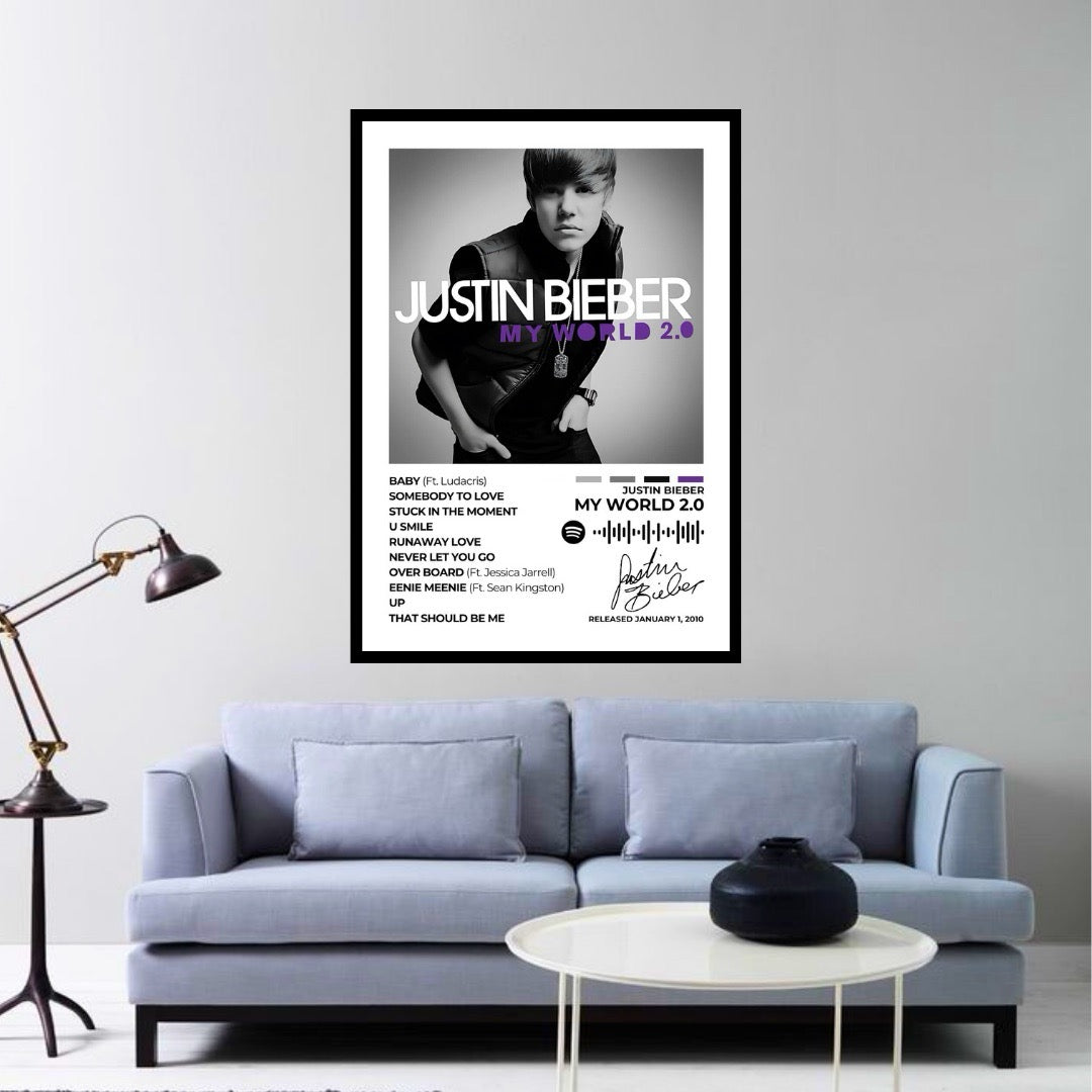 Relive the era of My World 2.0 with this nostalgic album cover poster. A tribute to Justin Bieber’s breakout hits, youthful energy, and signature sound.