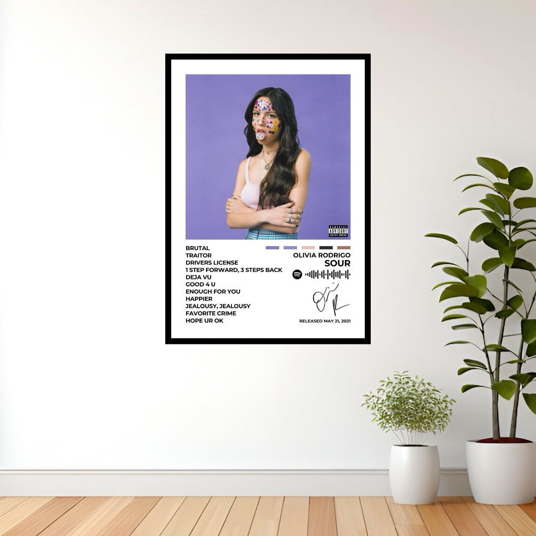 Immerse yourself in the emotional depth of Sour with this striking album cover poster. A bold tribute to Olivia Rodrigo’s breakout record, capturing the essence of heartbreak, angst, and self-discovery.