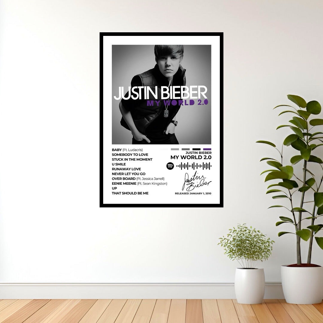 Relive the era of My World 2.0 with this nostalgic album cover poster. A tribute to Justin Bieber’s breakout hits, youthful energy, and signature sound.