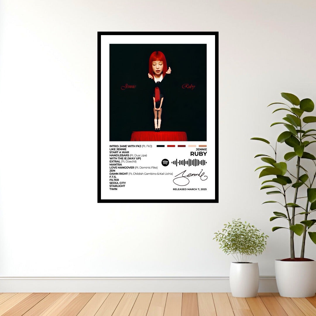 Immerse yourself in the multifaceted artistry of Ruby with this captivating album cover poster. A tribute to JENNIE's debut solo album, showcasing her versatility across pop, hip-hop, and R&B genres