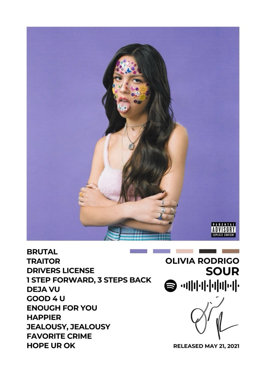 Immerse yourself in the emotional depth of Sour with this striking album cover poster. A bold tribute to Olivia Rodrigo’s breakout record, capturing the essence of heartbreak, angst, and self-discovery.