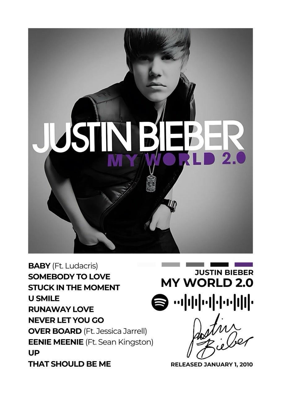 Relive the era of My World 2.0 with this nostalgic album cover poster. A tribute to Justin Bieber’s breakout hits, youthful energy, and signature sound.