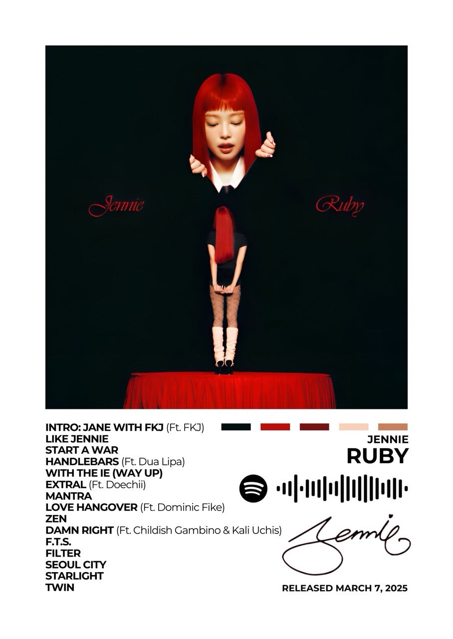 Immerse yourself in the multifaceted artistry of Ruby with this captivating album cover poster. A tribute to JENNIE's debut solo album, showcasing her versatility across pop, hip-hop, and R&B genres
