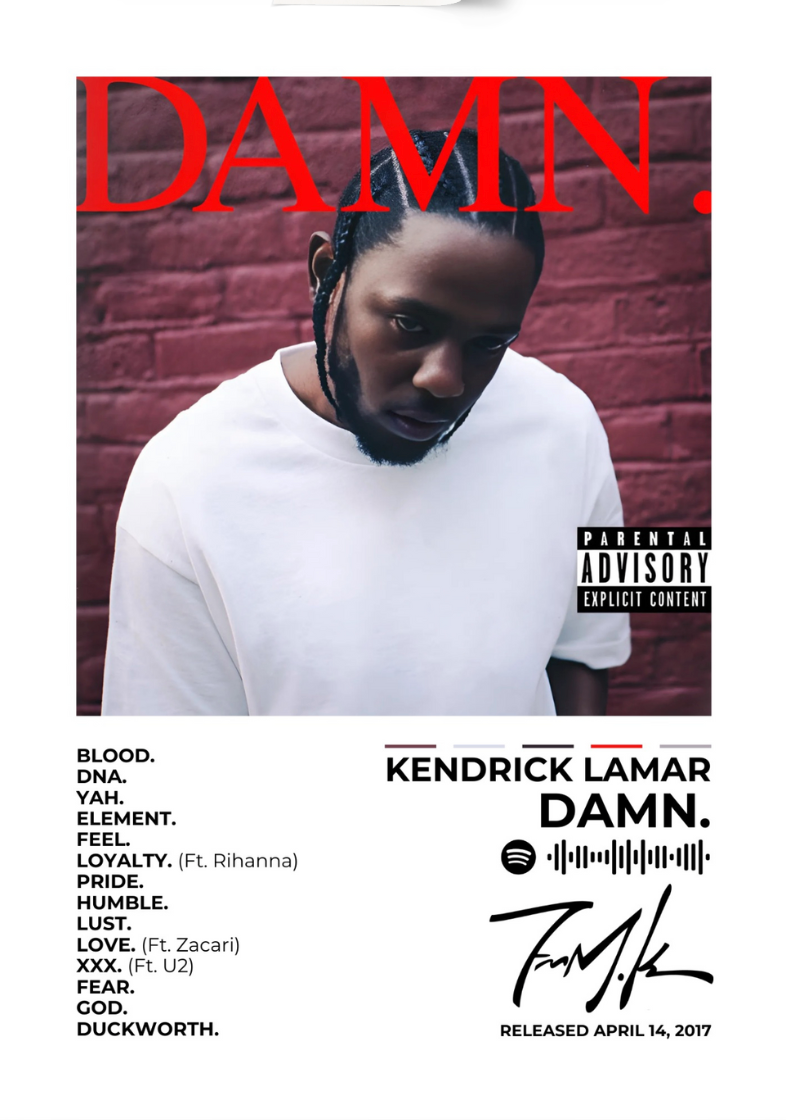 Kendrick Lamar 'DAMN' album artwork, featured as a bold and stylish framed poster. Perfect for home decor and inspiration, this premium-quality HD print adds a stylish vibe to any space. A must-have for fans of powerful lyricism and storytelling!