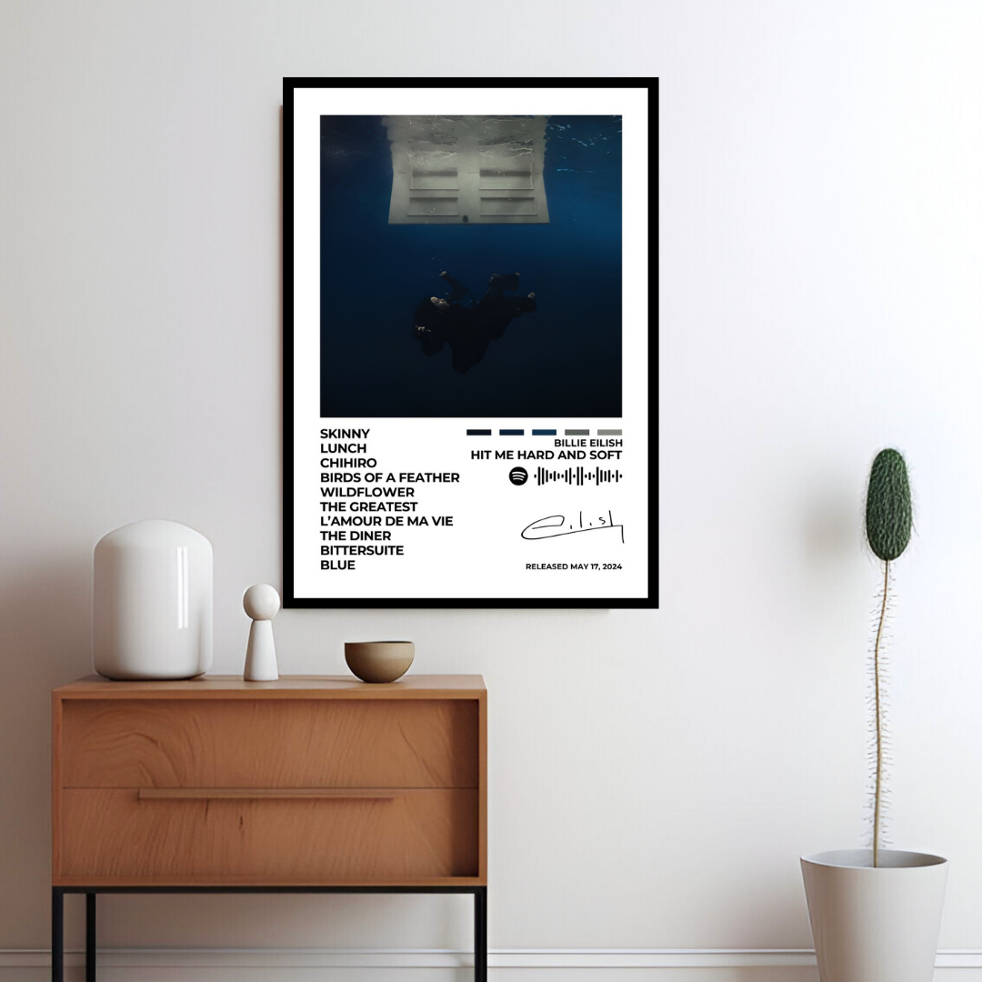 Immerse yourself in the evocative world of Hit Me Hard and Soft with this captivating album cover poster. A tribute to Billie Eilish's 2024 release, showcasing her innovative sound, introspective lyrics, and genre-defying artistry.