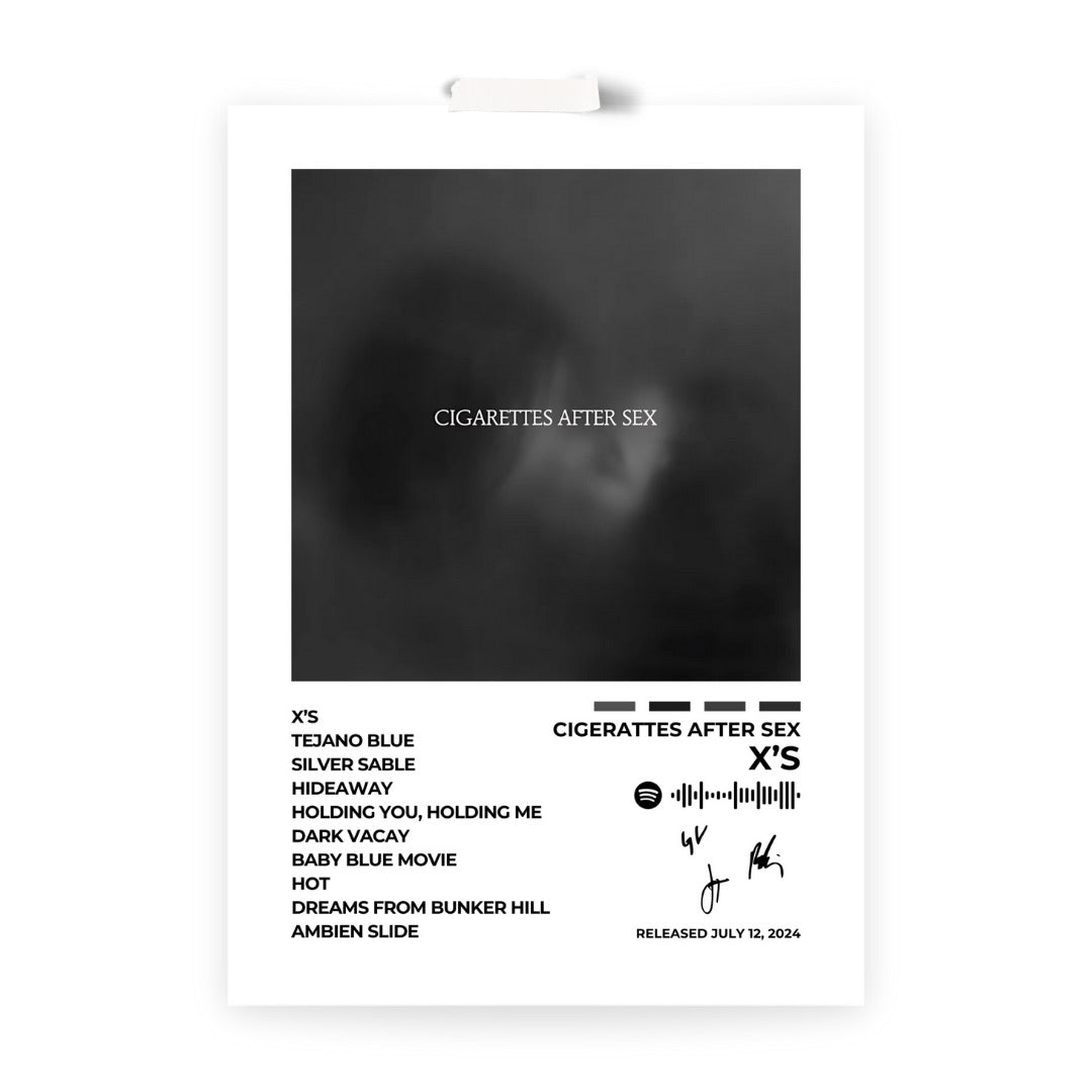 Cigarettes After Sex – X's Embrace the dreamy ambiance of Cigarettes After Sex with this X's album cover poster. Perfect for those who appreciate atmospheric tunes and minimalist aesthetics. Available as a poster and in a frame, with multiple size options.