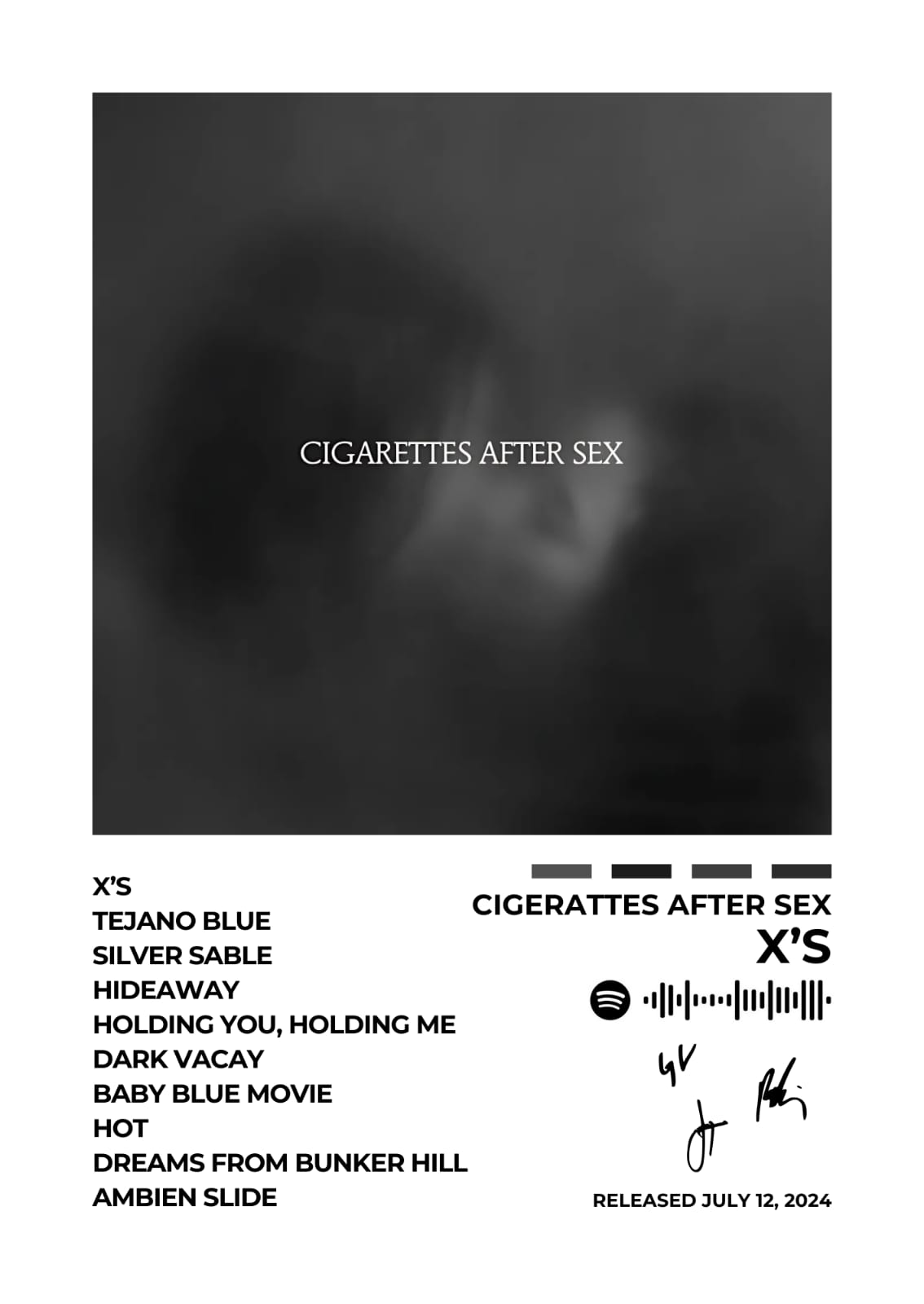 Cigarettes After Sex – X's Embrace the dreamy ambiance of Cigarettes After Sex with this X's album cover poster. Perfect for those who appreciate atmospheric tunes and minimalist aesthetics. Available as a poster and in a frame, with multiple size options.