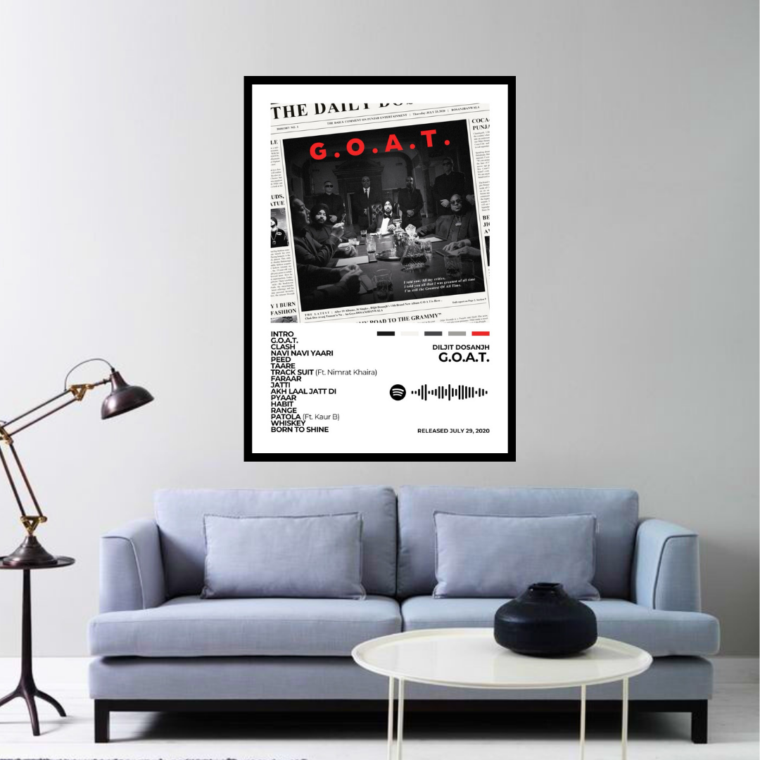 Celebrate the global success of G.O.A.T. with this striking album cover poster. A tribute to Diljit Dosanjh’s powerful vocals, Punjabi pride, and unstoppable energy.