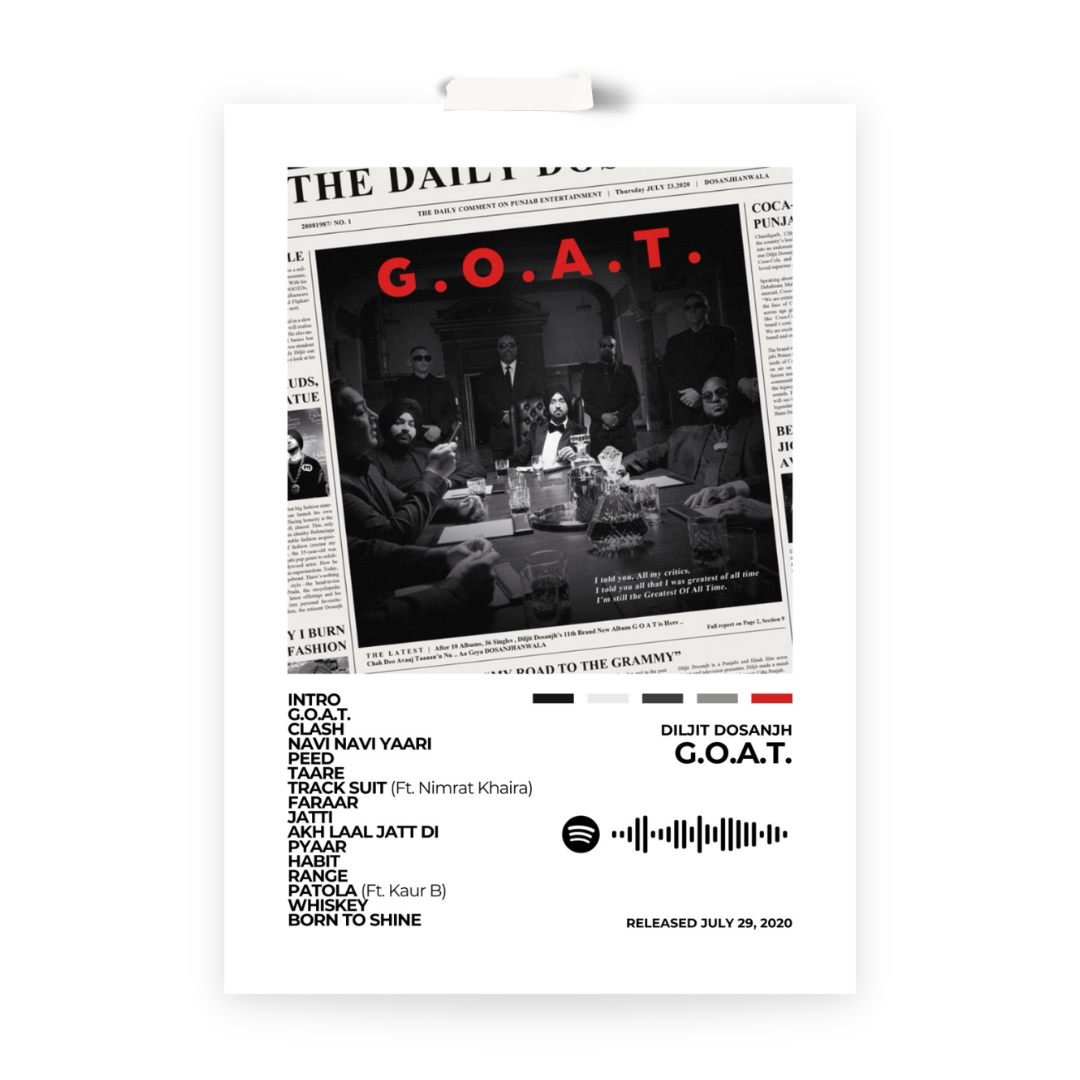 Celebrate the global success of G.O.A.T. with this striking album cover poster. A tribute to Diljit Dosanjh’s powerful vocals, Punjabi pride, and unstoppable energy.