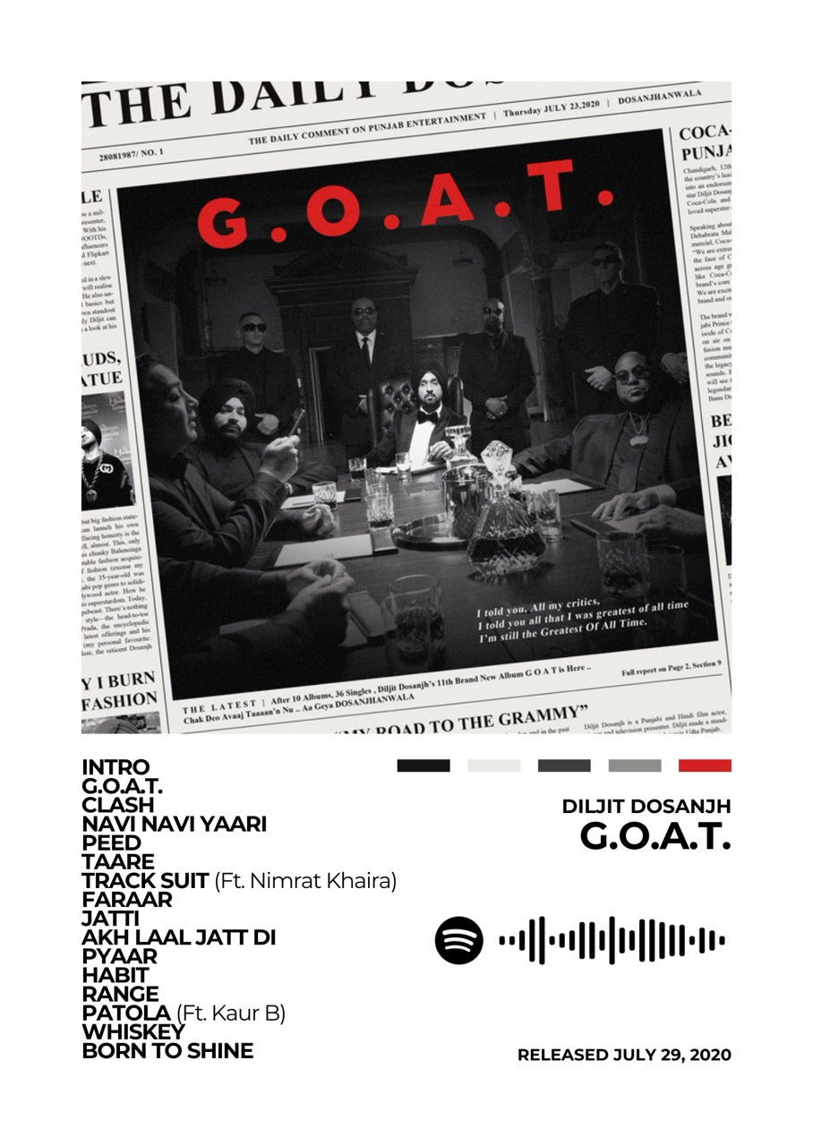 Celebrate the global success of G.O.A.T. with this striking album cover poster. A tribute to Diljit Dosanjh’s powerful vocals, Punjabi pride, and unstoppable energy.
