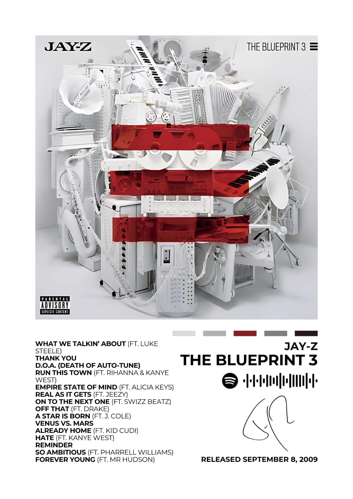 JAY-Z - The Blueprint 3 - Celebrate hip-hop excellence with this The Blueprint 3 album cover poster. Featuring the iconic stacked instruments design, this piece represents JAY-Z’s legendary influence on the genre. A must-have for rap enthusiasts and music collectors.