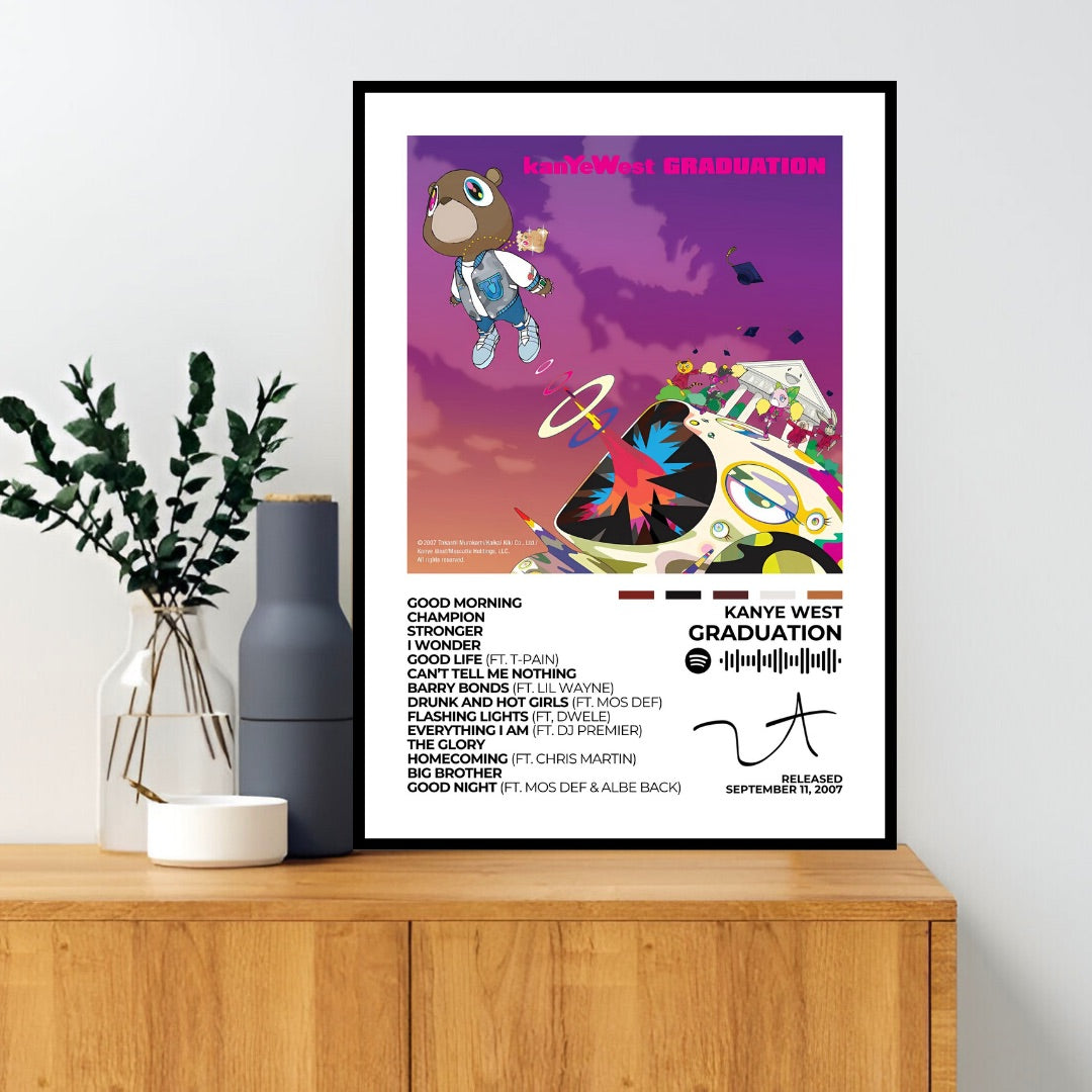 Kanye West – Graduation Celebrate Kanye West's artistic brilliance with this Graduation album cover poster. Featuring the vibrant and iconic artwork, it's essential for any hip-hop art collection. Choose from a poster and framed option, available in various sizes.