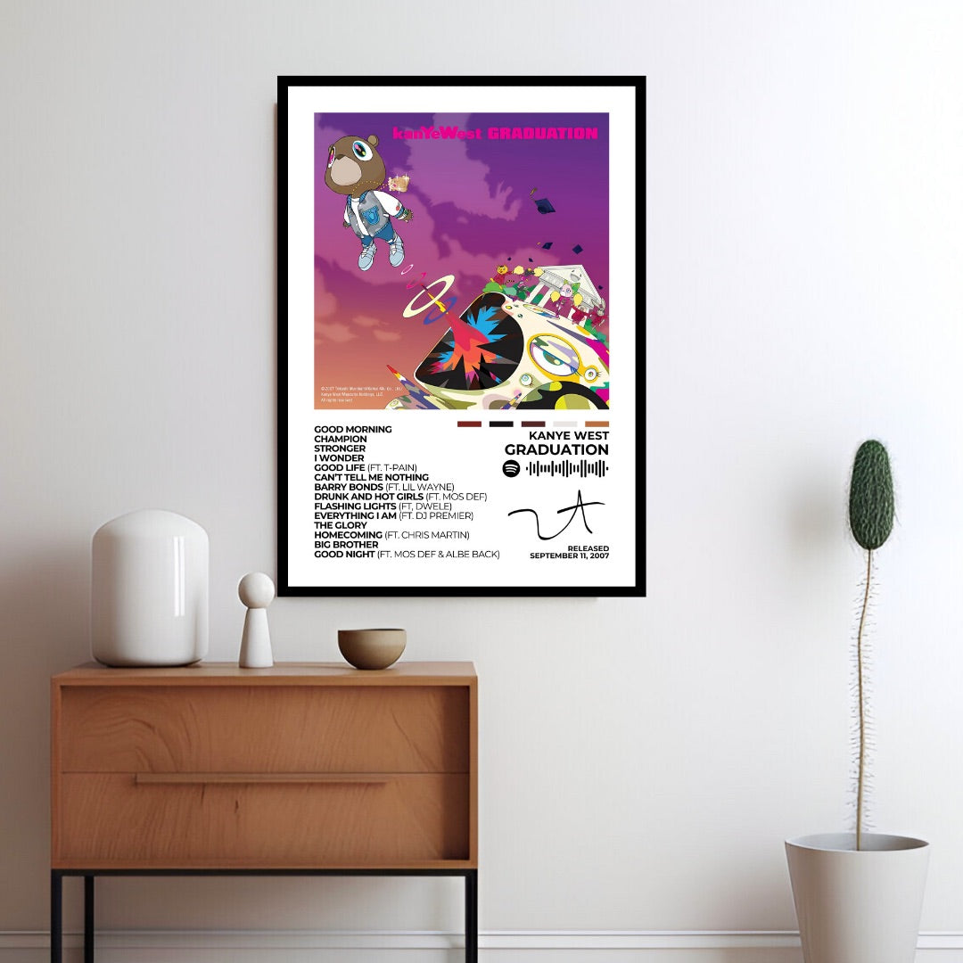 Kanye West – Graduation Celebrate Kanye West's artistic brilliance with this Graduation album cover poster. Featuring the vibrant and iconic artwork, it's essential for any hip-hop art collection. Choose from a poster and framed option, available in various sizes.