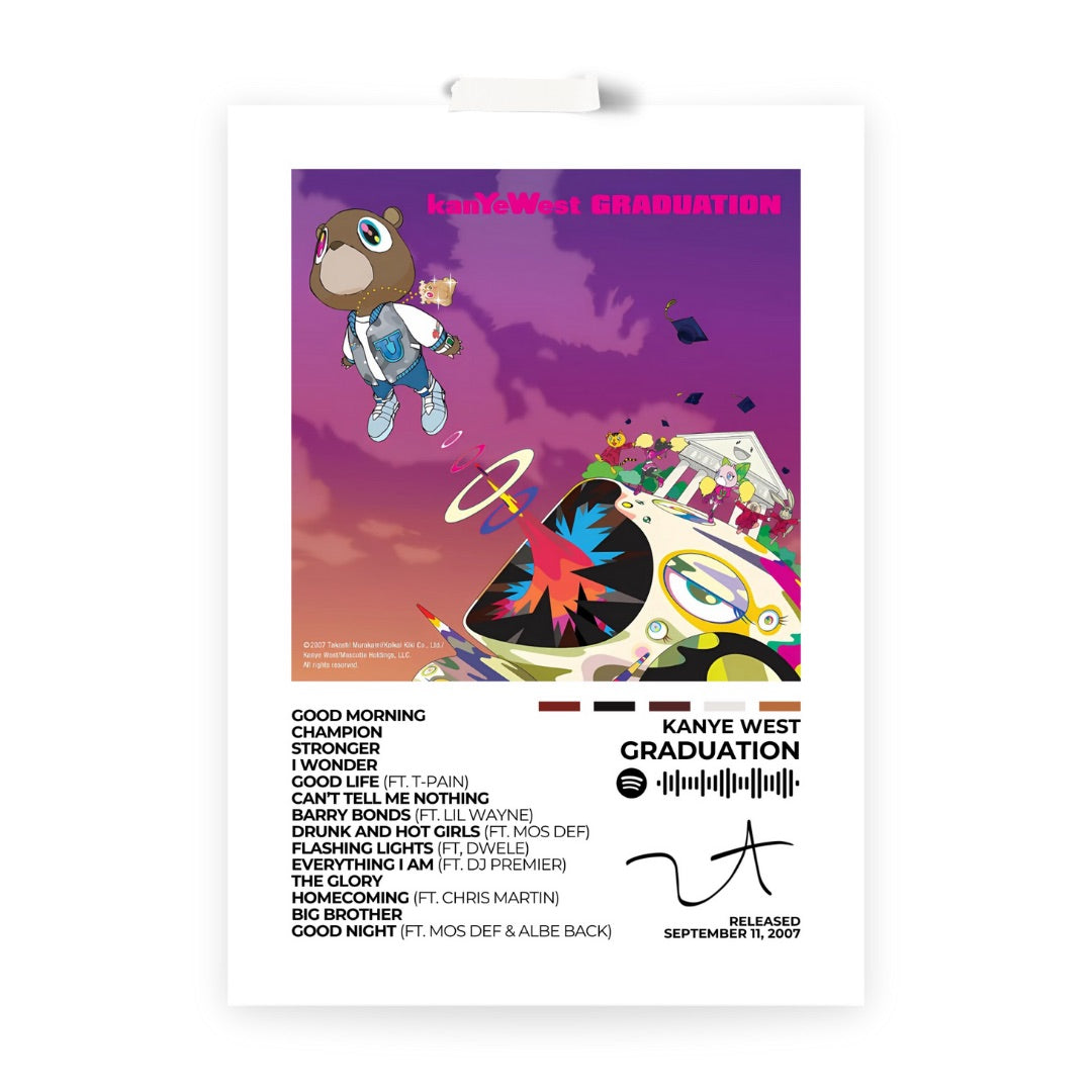 Kanye West – Graduation Celebrate Kanye West's artistic brilliance with this Graduation album cover poster. Featuring the vibrant and iconic artwork, it's essential for any hip-hop art collection. Choose from a poster and framed option, available in various sizes.
