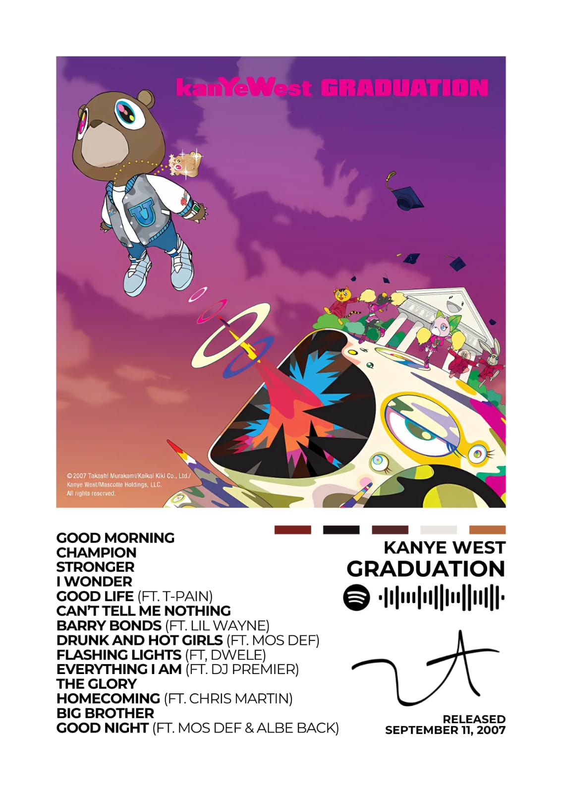 Kanye West – Graduation Celebrate Kanye West's artistic brilliance with this Graduation album cover poster. Featuring the vibrant and iconic artwork, it's essential for any hip-hop art collection. Choose from a poster and framed option, available in various sizes.