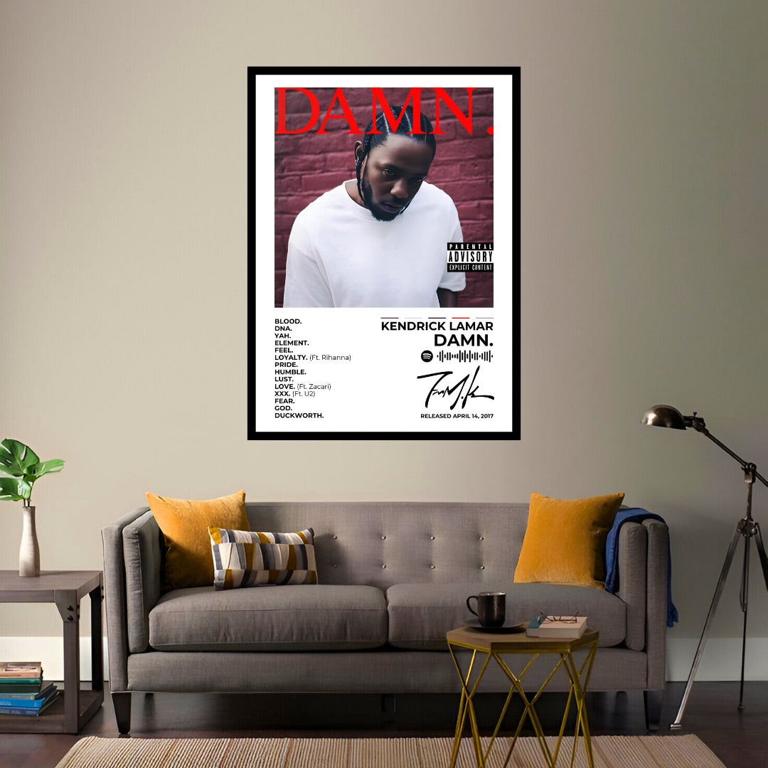 Kendrick Lamar 'DAMN' album artwork, featured as a bold and stylish framed poster. Perfect for home decor and inspiration, this premium-quality HD print adds a stylish vibe to any space. A must-have for fans of powerful lyricism and storytelling!