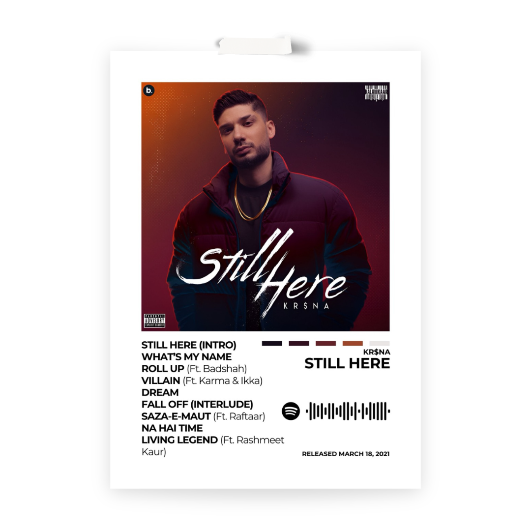 Experience the grit and lyricism of Still Here with this powerful album cover poster. A tribute to KR$NA’s hard-hitting bars, raw storytelling, and undeniable impact on the hip-hop scene.