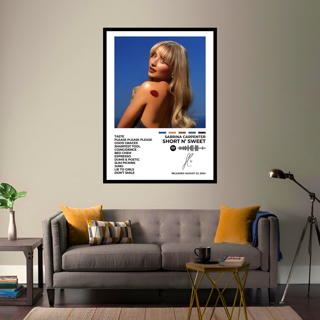 Sabrina Carpenter – Short N' Sweet Celebrate Sabrina Carpenter's vibrant energy with this Short N' Sweet album cover poster. A perfect addition for fans who appreciate her catchy tunes and dynamic style.