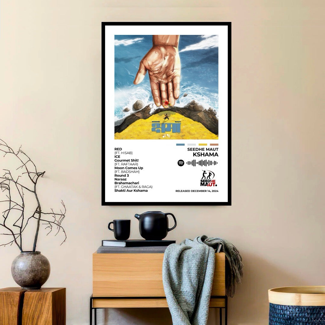Experience the raw emotions of Kshama with this intense album cover poster. A tribute to Seedhe Maut’s thought-provoking lyricism, hard-hitting storytelling, and signature sound.