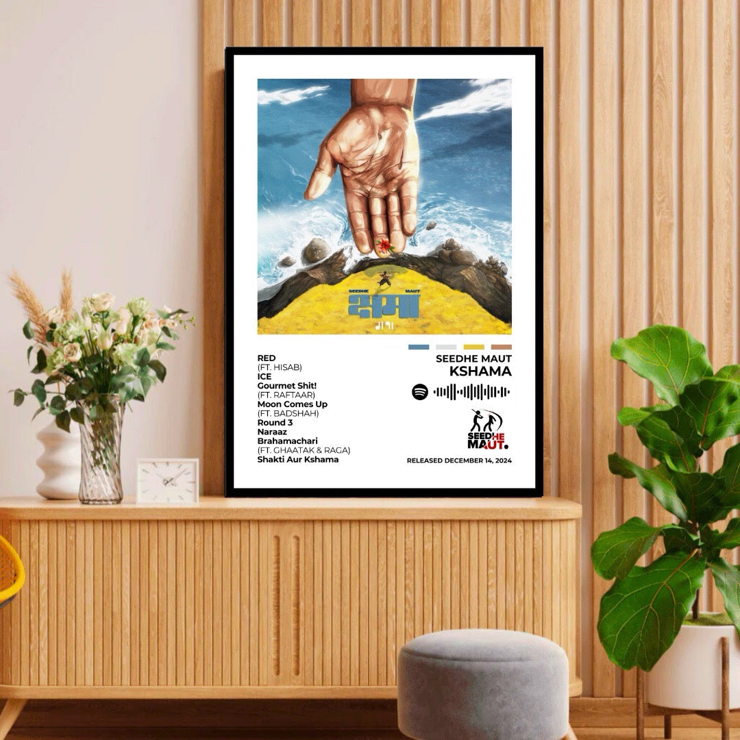 Experience the raw emotions of Kshama with this intense album cover poster. A tribute to Seedhe Maut’s thought-provoking lyricism, hard-hitting storytelling, and signature sound.