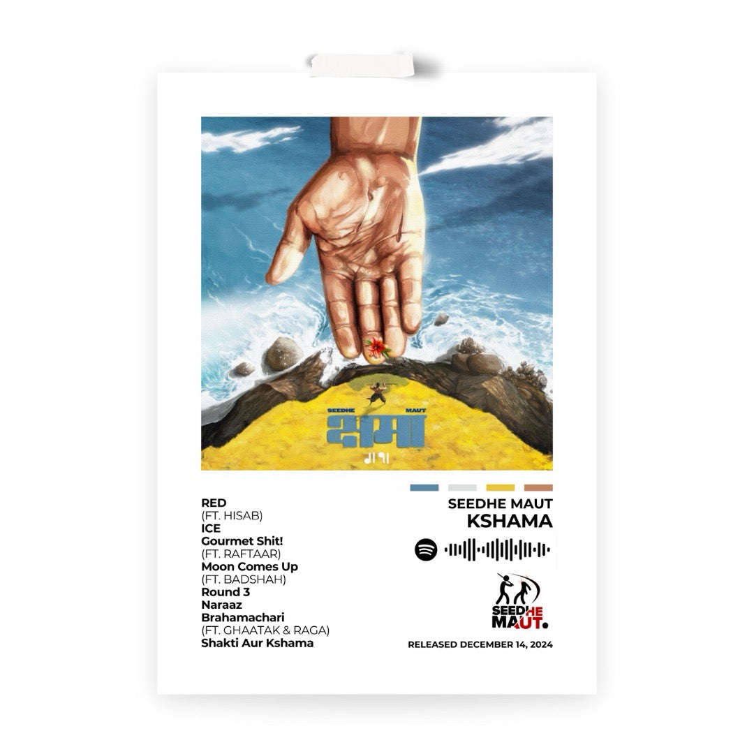 Experience the raw emotions of Kshama with this intense album cover poster. A tribute to Seedhe Maut’s thought-provoking lyricism, hard-hitting storytelling, and signature sound.