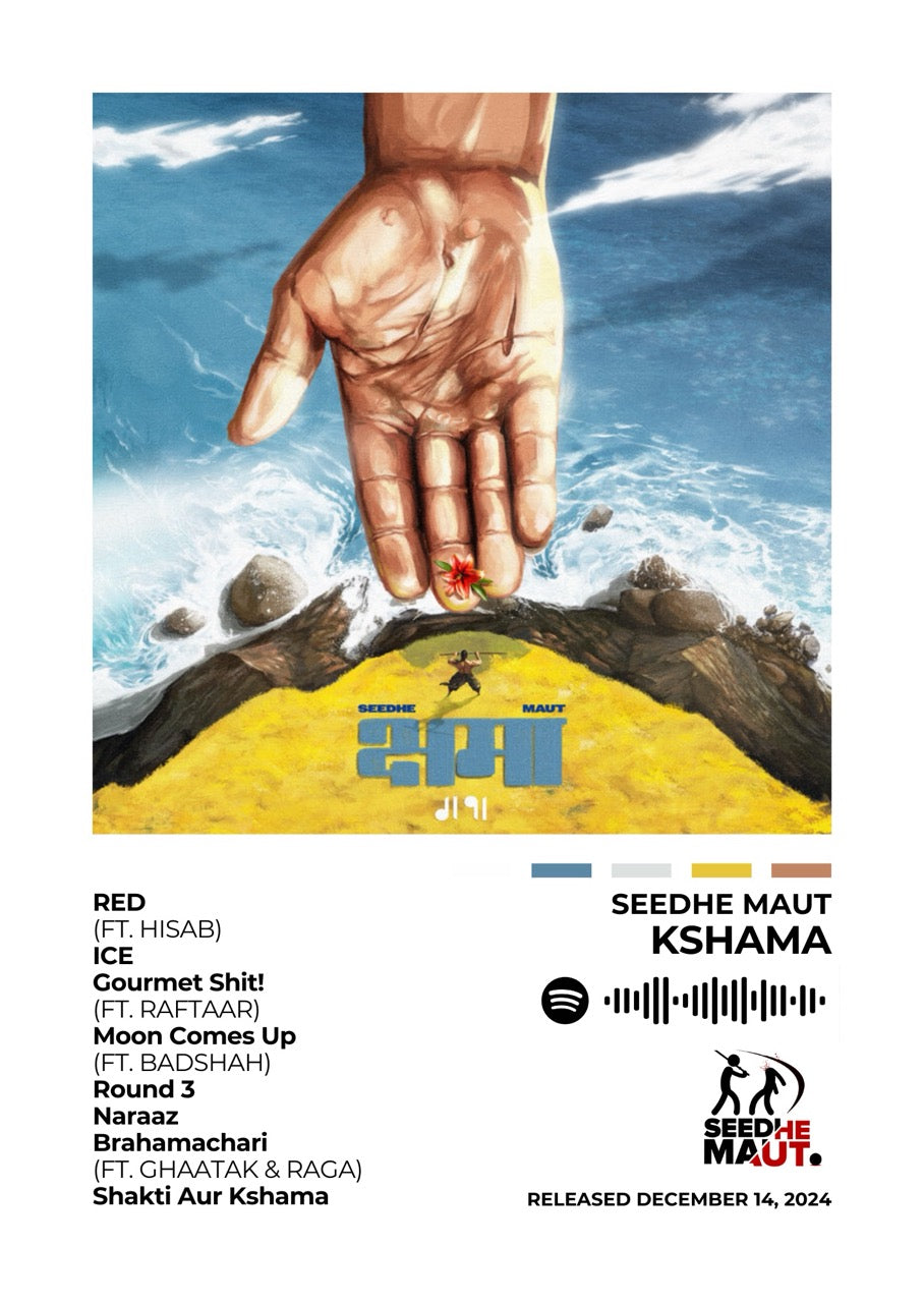 Experience the raw emotions of Kshama with this intense album cover poster. A tribute to Seedhe Maut’s thought-provoking lyricism, hard-hitting storytelling, and signature sound.