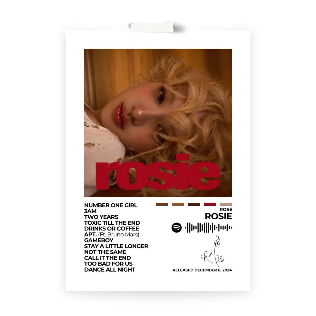 Celebrate the elegance and emotion of Rosie with this stunning album cover poster. A tribute to ROSÉ’s soulful vocals, heartfelt storytelling, and artistic expression.
