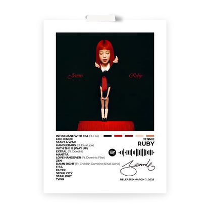 Immerse yourself in the multifaceted artistry of Ruby with this captivating album cover poster. A tribute to JENNIE's debut solo album, showcasing her versatility across pop, hip-hop, and R&amp;B genres