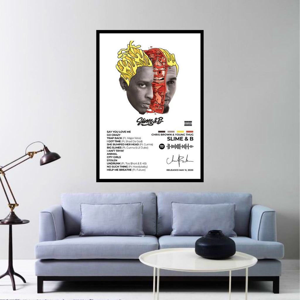 Dive into the dynamic fusion of R&B and hip-hop with this bold Slime &amp; B album cover poster. A tribute to Chris Brown and Young Thug’s infectious melodies, smooth flows, and high-energy collaborations.