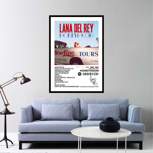Step into the dreamy, cinematic world of Honeymoon with this elegant album cover poster. A tribute to Lana Del Rey’s haunting vocals, poetic lyricism, and vintage allure.
