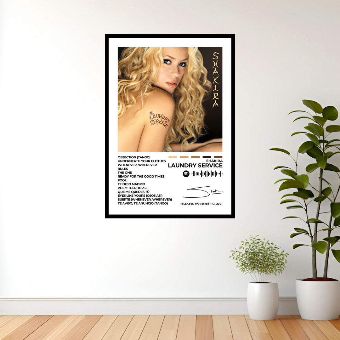 Experience the passion and global influence of Laundry Service with this iconic album cover poster. A tribute to Shakira’s electrifying energy, signature vocals, and unforgettable hits.