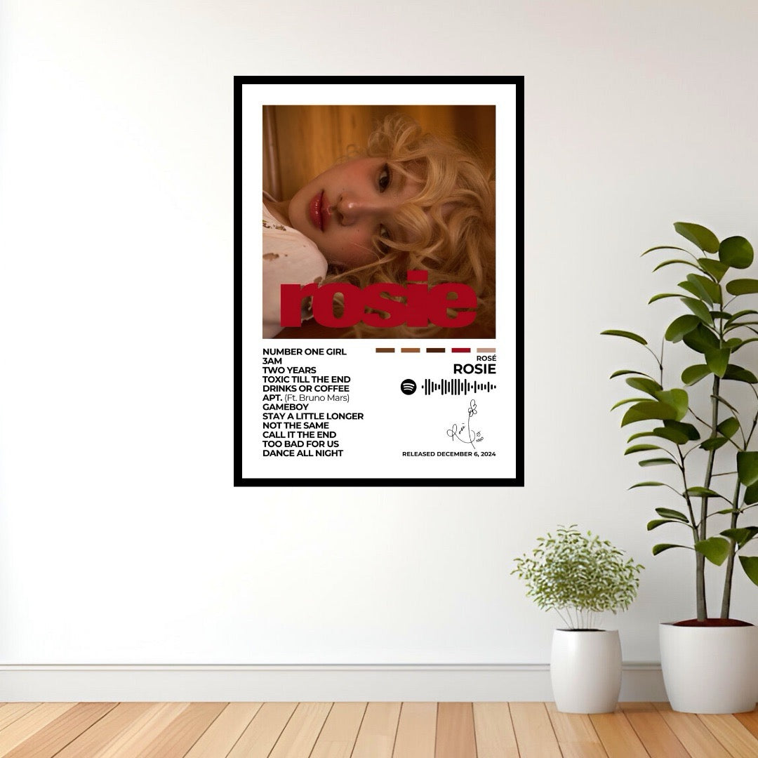 Celebrate the elegance and emotion of Rosie with this stunning album cover poster. A tribute to ROSÉ’s soulful vocals, heartfelt storytelling, and artistic expression.