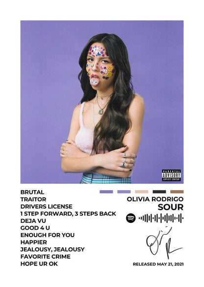Immerse yourself in the emotional depth of Sour with this striking album cover poster. A bold tribute to Olivia Rodrigo’s breakout record, capturing the essence of heartbreak, angst, and self-discovery.