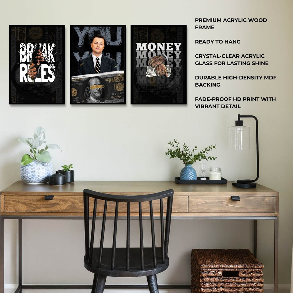 Wolves & Wealth – Fearless pursuit of fortune | SET OF 3 FRAMES