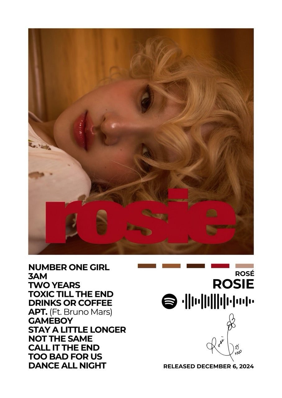 Celebrate the elegance and emotion of Rosie with this stunning album cover poster. A tribute to ROSÉ’s soulful vocals, heartfelt storytelling, and artistic expression.