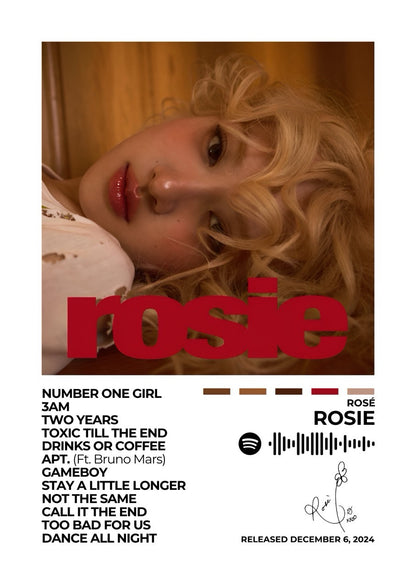 Celebrate the elegance and emotion of Rosie with this stunning album cover poster. A tribute to ROSÉ’s soulful vocals, heartfelt storytelling, and artistic expression.