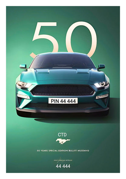 Candid Apricot presents 50 Years Special Edition Bullitt Mustang automotive poster and frame.