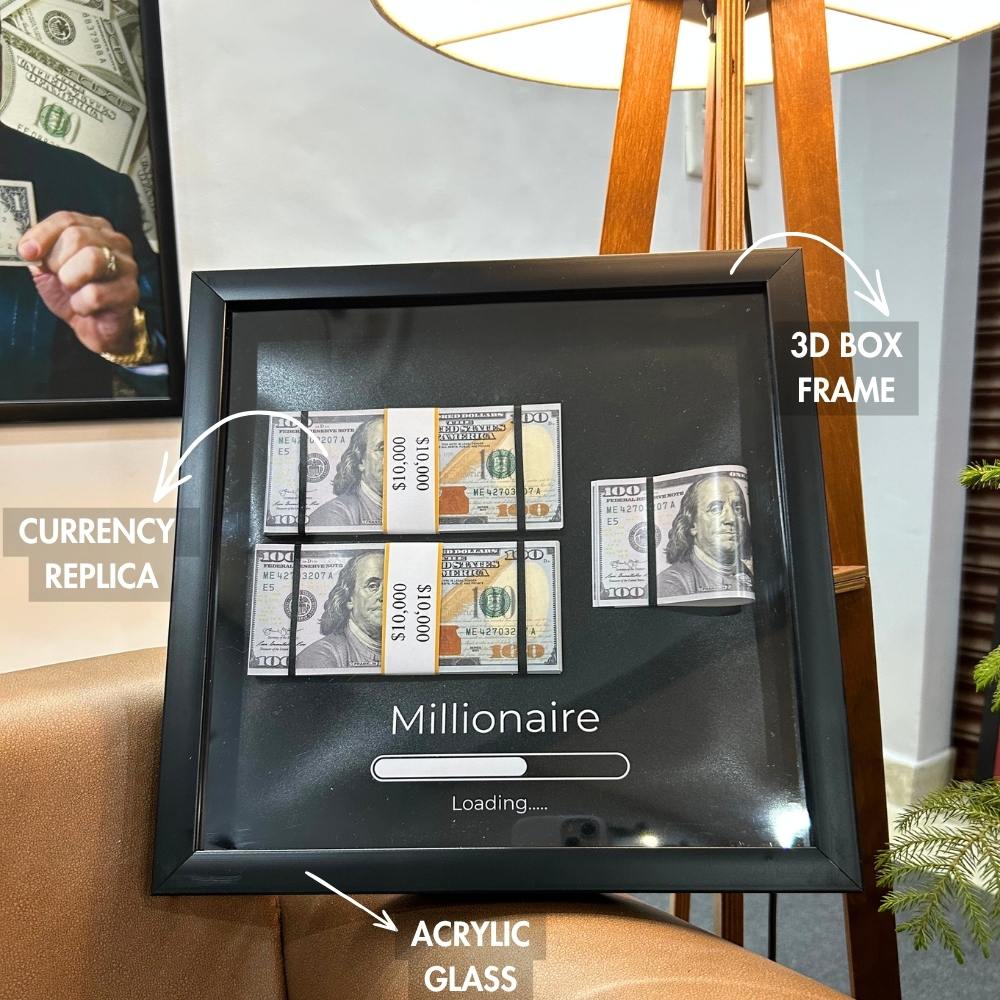 Millionaire Loading | 3D Shadow Box Frame | $100 Bill Replica | Shatterproof Glass