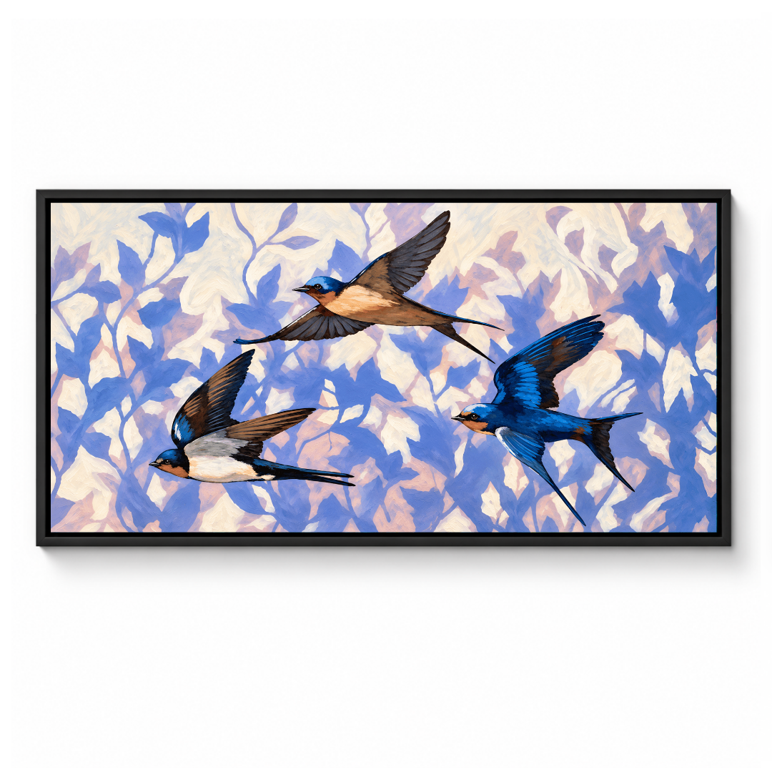 Blue Swallows Floral Painting