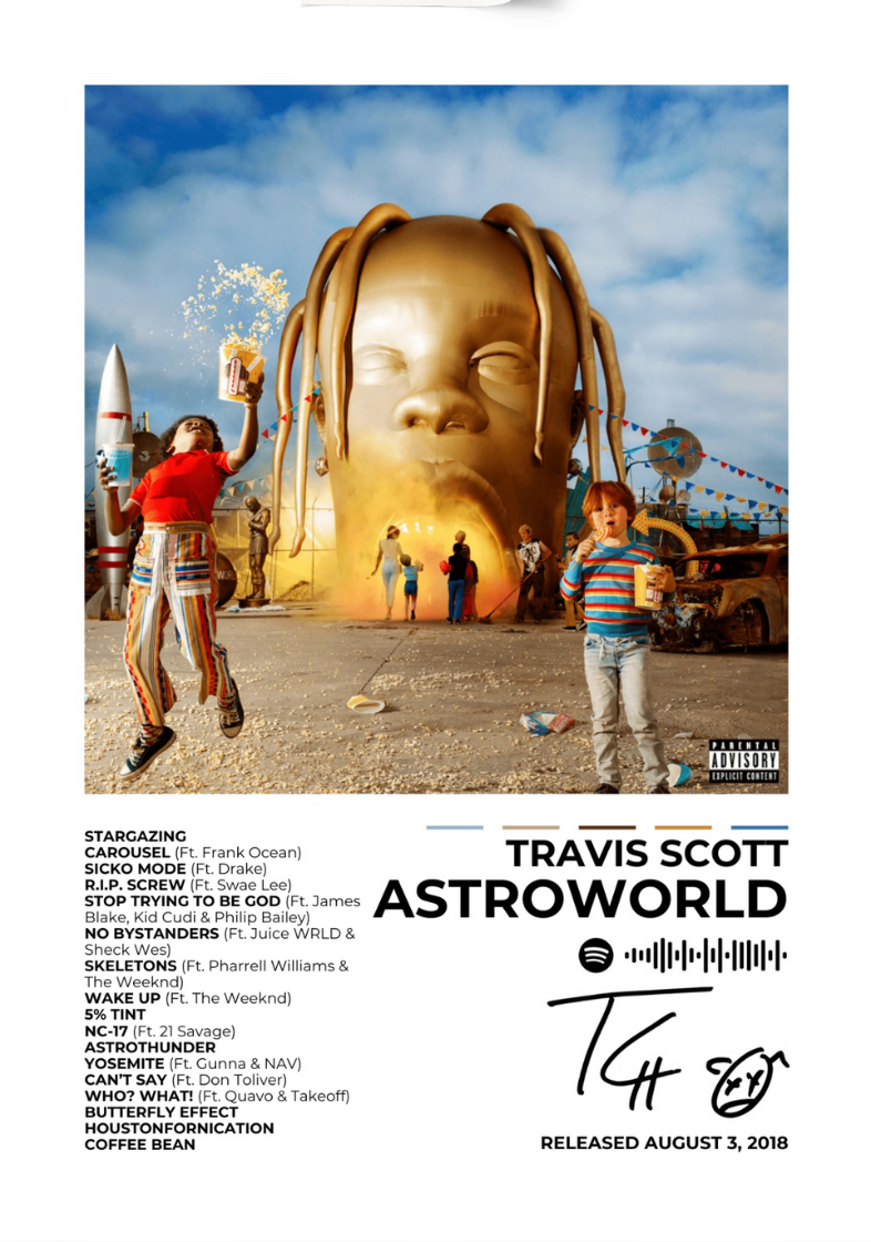 Travis Scott 'Astroworld' album poster, offering a colorful and immersive aesthetic. Perfect for home decor and inspiration, this premium-quality HD print adds a stylish vibe to any space. A must-have for music lovers and collectors!