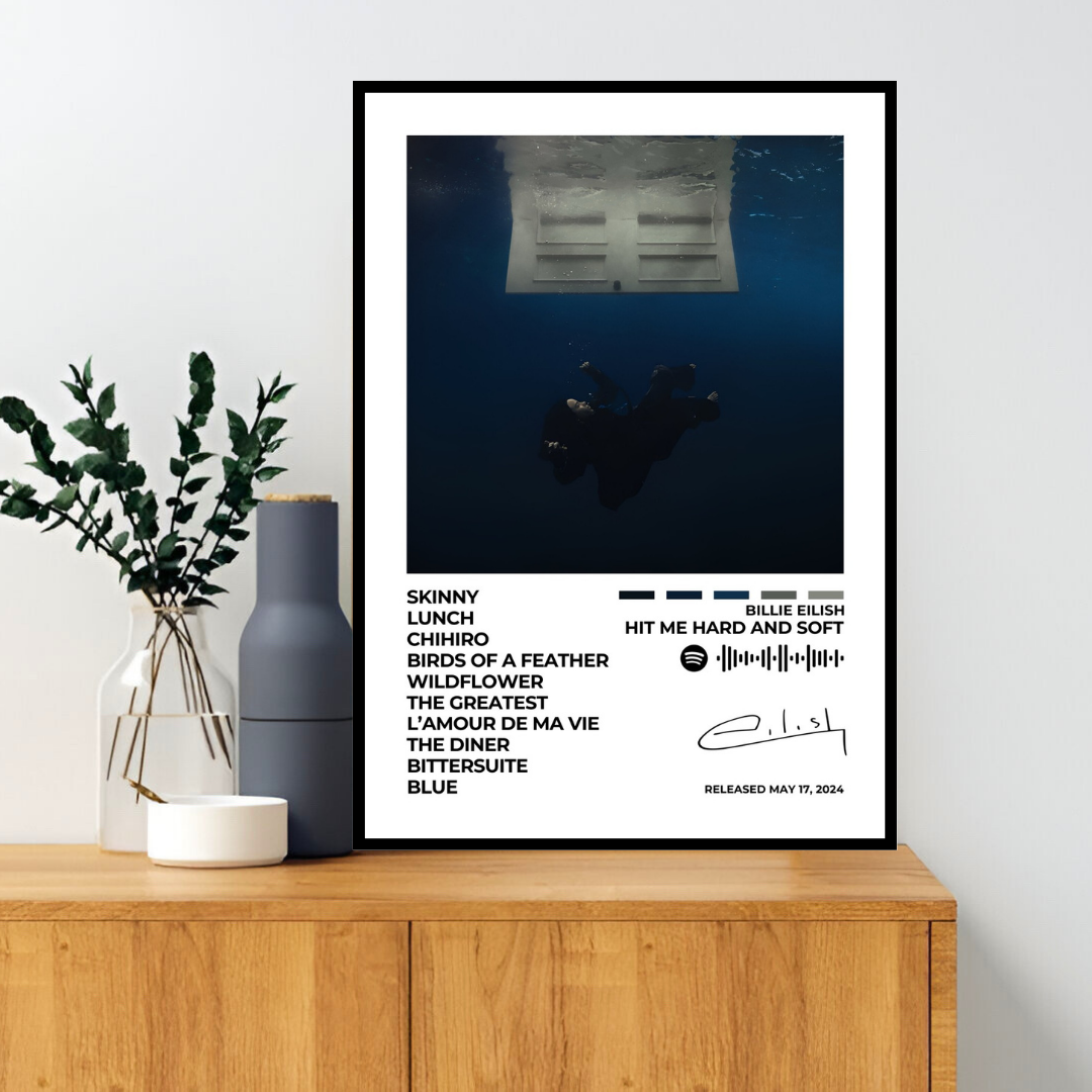 Immerse yourself in the evocative world of Hit Me Hard and Soft with this captivating album cover poster. A tribute to Billie Eilish's 2024 release, showcasing her innovative sound, introspective lyrics, and genre-defying artistry.