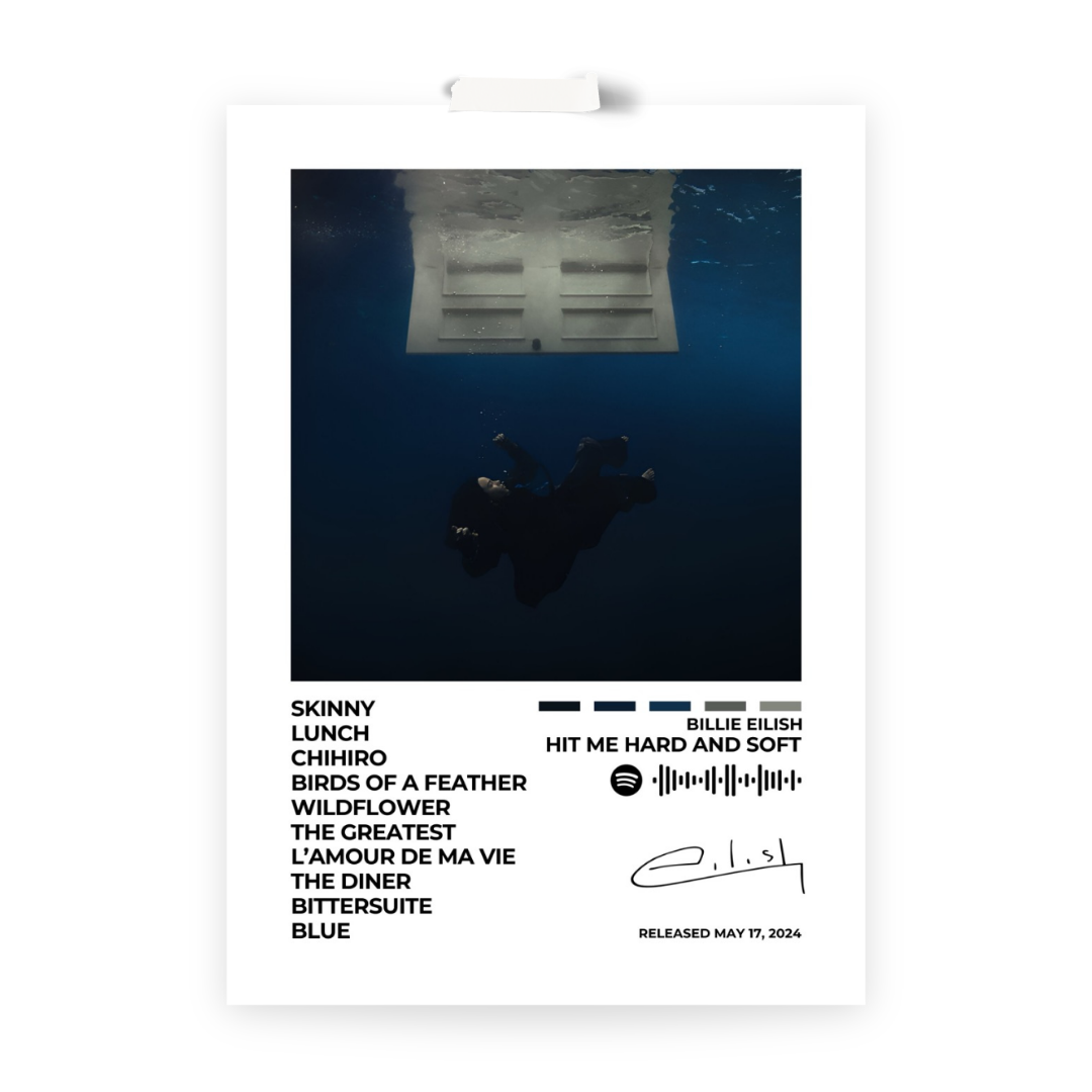 Immerse yourself in the evocative world of Hit Me Hard and Soft with this captivating album cover poster. A tribute to Billie Eilish's 2024 release, showcasing her innovative sound, introspective lyrics, and genre-defying artistry.