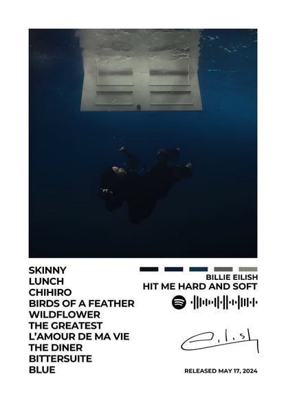 Immerse yourself in the evocative world of Hit Me Hard and Soft with this captivating album cover poster. A tribute to Billie Eilish's 2024 release, showcasing her innovative sound, introspective lyrics, and genre-defying artistry.