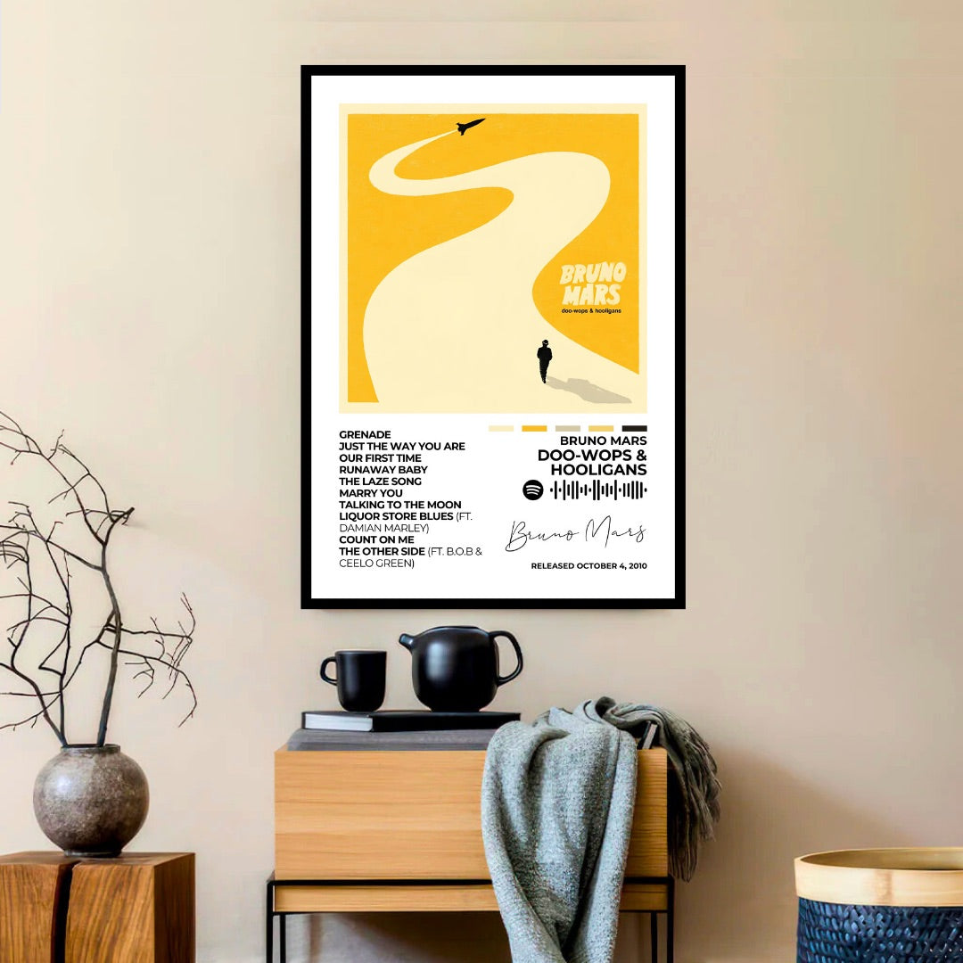 Bruno Mars – Doo-Wops &amp; Hooligans Feel the upbeat rhythms of Bruno Mars with this Doo-Wops &amp; Hooligans album cover poster. A vibrant addition that brings the album's infectious energy to your space.